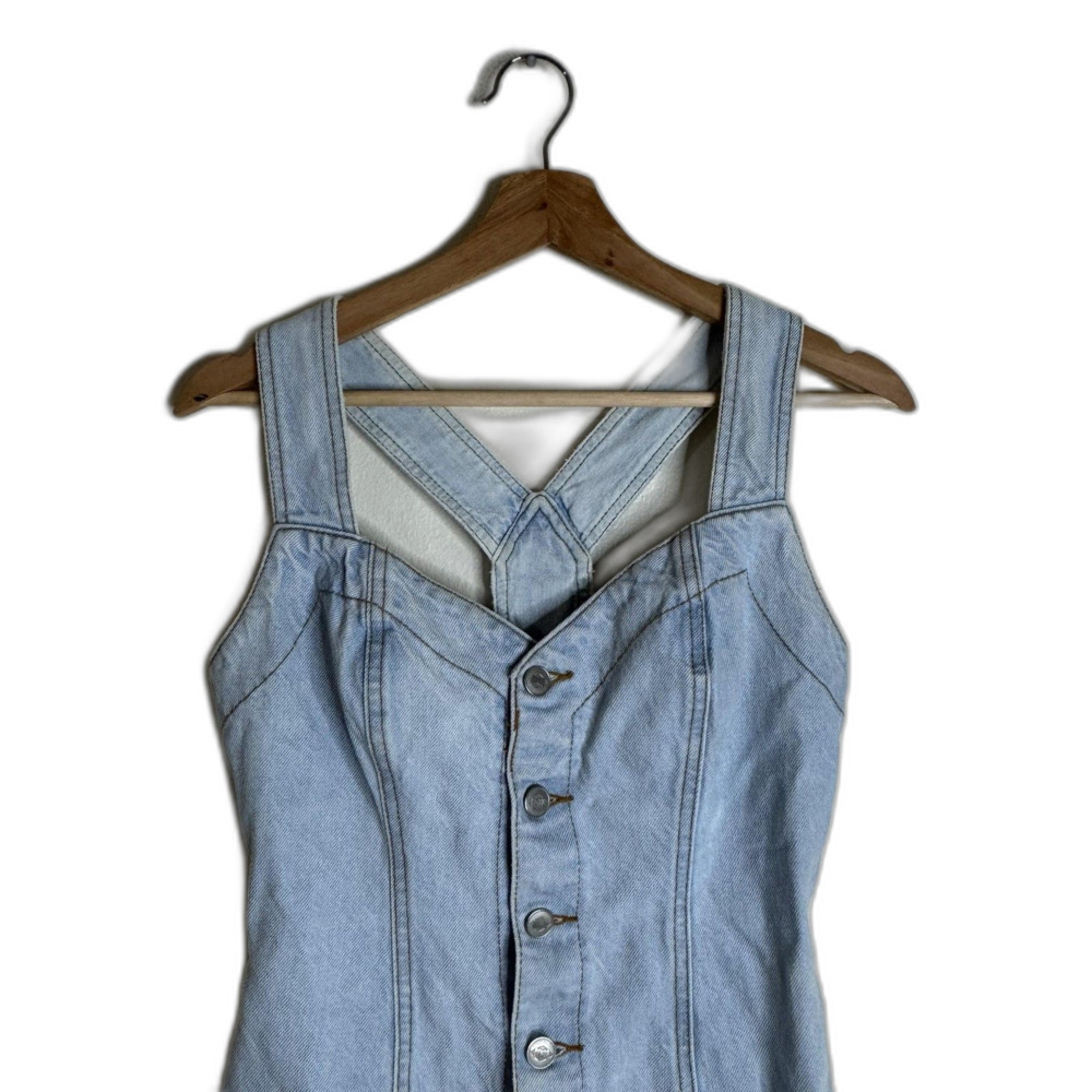 Vintage Bongo Dress Womens 5 Light Wash Denim Button Front Crossback Mini 90s - Picture 2 of 11